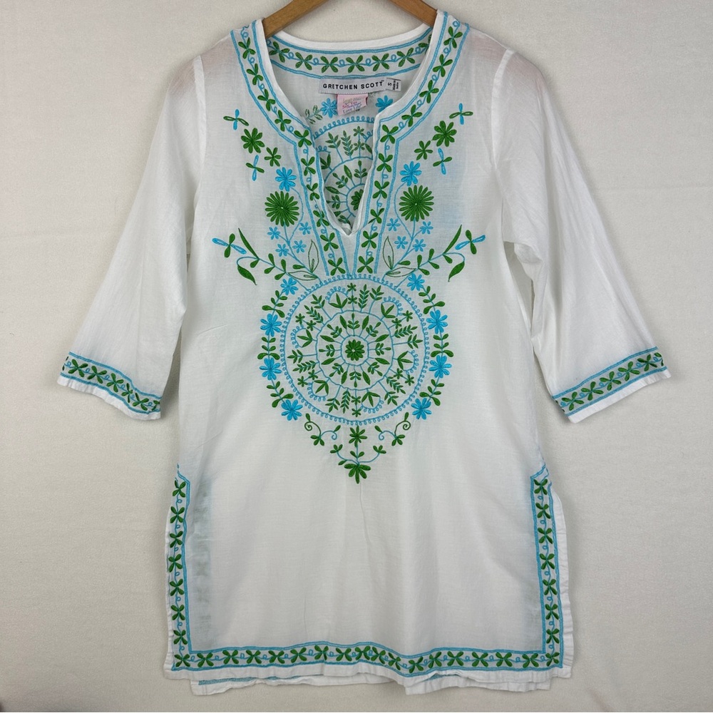 Gretchen Scott Top Small Blue Green Kurti Embroidered 3/4 Sleeve Boho Casual EUC